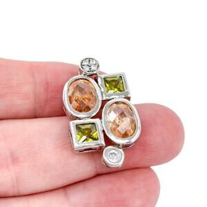 Vintage Sterling Silver 925 Geometric Apricot Green Crystal Pendant